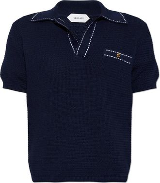 Versace Polo Shirt met Zak - Heren - V-hals truien - Blauw - 2XL - Katoen - Truien & Vesten