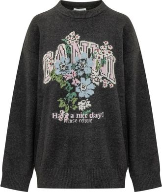 Ganni Oversized trui met lange mouwen - Dames - Ronde hals truien - Grijs - S - Truien & Vesten