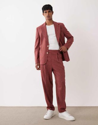 Asos Pantaloni da abito oversize affusolati in misto lino color terracotta a righe-Arancione