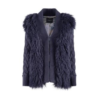Nenette Lange nepbontjas met gebreide mouwen - Dames - Jassen - Blauw - Maat: M Wol