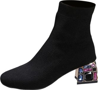 Generic Large Size Womens Knitted Stretch Ankle Boots with Square Toe and Thick Heel for Fashion Comfort (Black, 6.5)