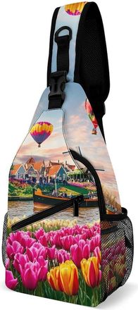 Generic Windmill Tulips-flower Hot Air Balloons Unisex Shoulder Bags Casual Crossbody Chest Bag Sling Backpack for Hiking Cycling Travel