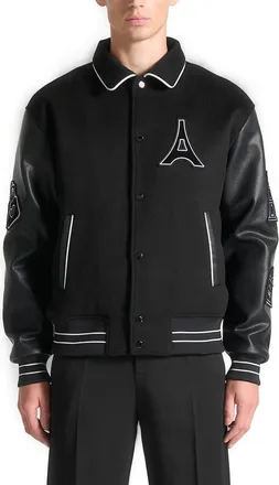 Mani&egrave;re De Voir Oscar Mona Lisa Wool Blend Varsity Jacket in Black at Nordstrom, Size Xx-Large