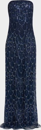 Reem Acra Strapless Crystal Embellished Evening Gown