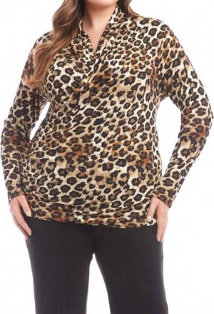 Karen Kane Long Sleeve Crossover Side-Shirred Top - Plus In Leopard
