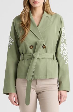 NVLT Embroidered Belted Crop Trench Coat in Khaki Green at Nordstrom, Size X-Large
