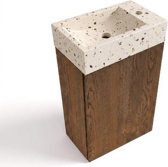 Saniclass Holz Pure Toiletmeubelset - 40x60.5cm - 1 deur - fontein terrazo - kraangat rechts - eiken charcoal