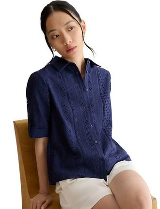 Hobbs London Cristie Short Sleeve Loose Fit Shirt in True Navy at Nordstrom, Size 14