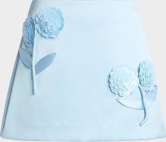 Self Portrait Satin 3D Sequined Flower Mini Skirt