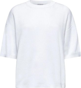 Brunello Cucinelli Witte Trui met Monili Borduursel - Dames - T-shirts - Wit - XL - Katoen - Tops