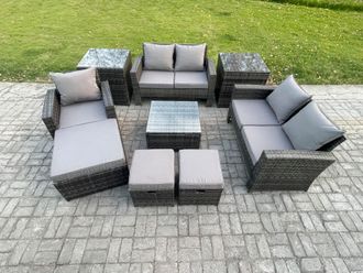 Fimous 8 Seater Outdoor Rattan Garden Furniture Set Conservatory Patio Sofa Coffee Table Set with Chair 2 Side Tables 3 Footstools in Dark Grey