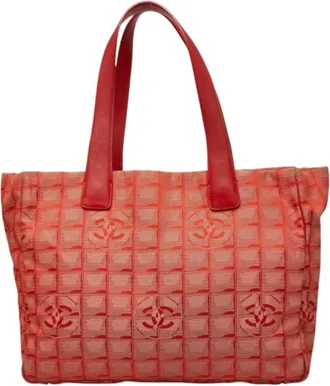 Chanel Red Color Nylon Leather Shoulder Bag Tote Bag (Pre-Owned)