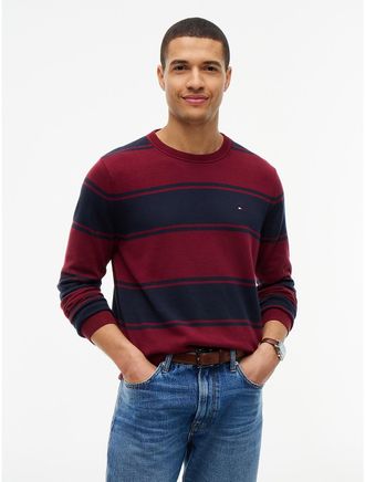 Tommy Hilfiger Mens Rugby Stripe Crewneck Sweater - Burgundy - XXXL