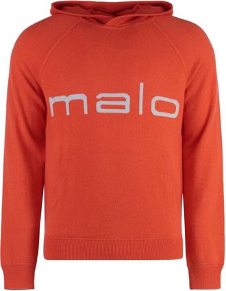 Malo Cashmere Gebreide Hoodie met Logo Intarsia - Heren - Cashmere truien - Oranje - S - Kasjmier - Truien & Vesten