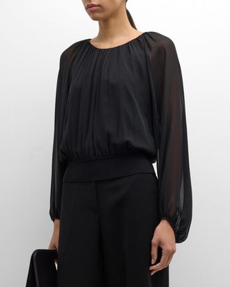 Lafayette 148 New York Ruched Balloon-Sleeve Silk Georgette Blouse