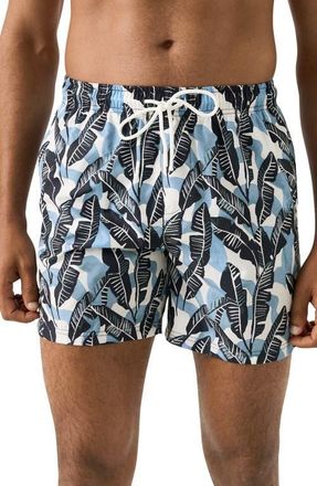 Eton Tropical Leaf Print Swim Trunks in Black at Nordstrom, Size Xx-Large