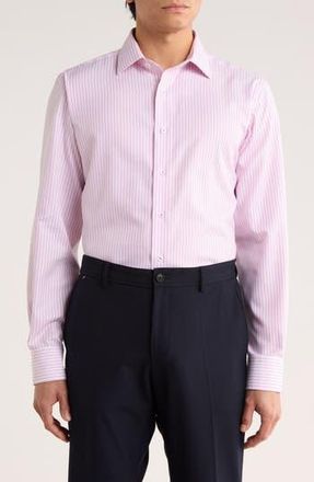 Lorenzo Uomo Trim Fit Textured Vertical Stripe Cotton Dress Shirt in White/Red at Nordstrom Rack, Size 14.5 - 32