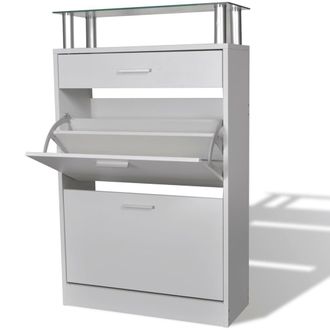 Berkfield Home Shoe Cabinet with a Drawer & a Top Glass Shelf Wood White