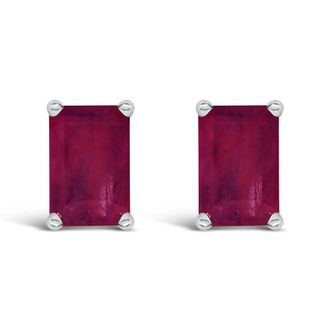 House of Brilliance 14K White Gold 6x4MM Emerald Shaped Ruby Solitaire Stud Earrings