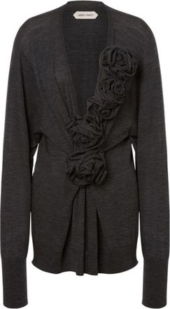 Alberta Ferretti Trui van pure merinowol met bloemenborduursel - Dames - V-hals truien - Grijs - XL - Wol - Truien & Vesten