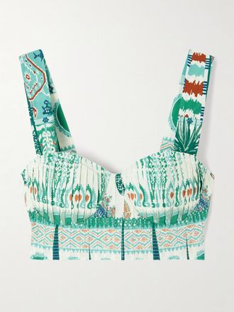 Emporio Sirenuse Crop Top Bustier In Cotone Stampato Con Arricciature Dalia - Verde