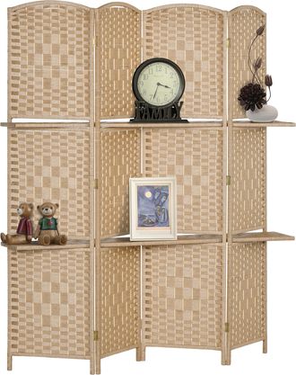 HOMCOM Biombo Separador De Ambientes De 4 Paneles, 160 X 170 Cm, Con 2 Estantes, Plegable, De Madera