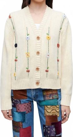 Re/Done Pre-Loved 50S V-Neck Cardigan With Floral Embroidered Vines In Vintage Ivory