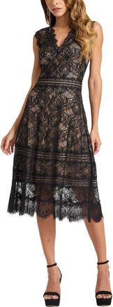Tadashi Shoji Lace V-Neck A-Line Dress in Black Beige at Nordstrom, Size 16