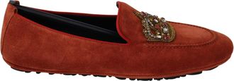 Dolce & Gabbana Mens Orange Leather Crystal Crown Loafers Shoes - Size EU 40