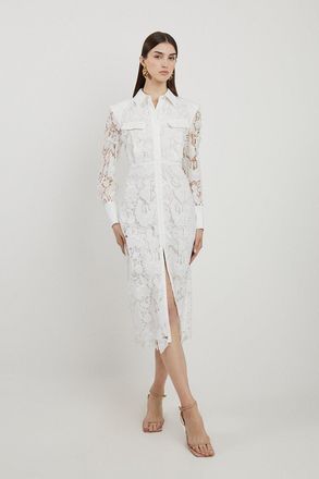 Karen Millen Lace And Embroidered Sharp Shoulder Woven Midi Shirt Dress