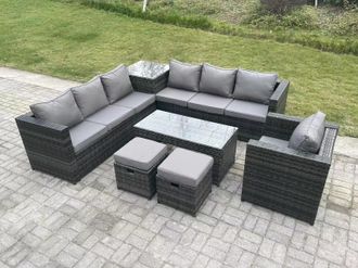 Fimous 9 Seater Rattan Corner Sofa Set With Square Side Table & Oblong Rectangular Coffee Tea Table Chair in Dark Grey
