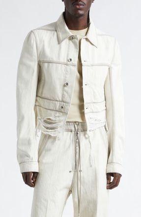 Rick Owens Shredded Crop Denim Work Jacket in Milk Wash at Nordstrom, Size 38 Us