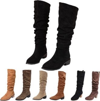 Generic Knee High Boots Women,Chunky Block Heel Pull on Womens Knee High Boots with Stretch Panel Suede Leather Comfy Travel Work Daily Dating Essentials Fash