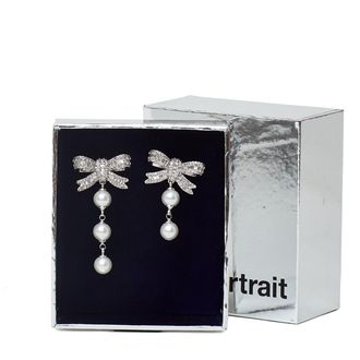 Self Portrait Silver-Plated Brass Crystal Bow Pearl Drop Earrings