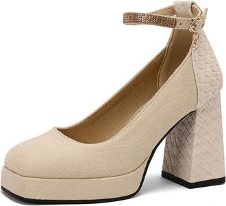 Generic Womens Round Toe Pumps Suede Snakeskin Pattern Block Heel Platform Adjustable Ankle Strap Rhinestone Charm Cushioned Insole Anti-Slip Durable Sole,Bei