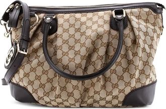 Gucci Sukey grote leren tas met GG canvas en handgreep - Bruin