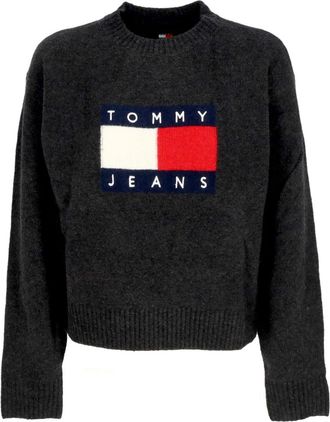 Tommy Hilfiger Melange Flag Sweater Zwart - Dames - Ronde hals truien - Zwart - 2XS - Wol - Truien & Vesten