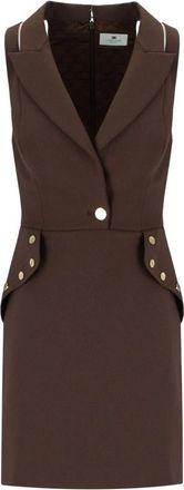 Elisabetta Franchi Mini Jurk van Dubbellaags Cr&ecirc;pe met Sierknoopjes - Dames - Korte kleedjes - Bruin - L - Polyester - Kleedjes
