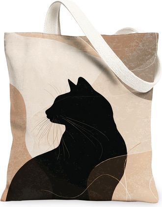Generic Cat Silhouette Canvas Tote Bags, Stylish Animal Pattern Reusable Grocery Bags, Funky Lightweight Washable Shoulder Strap Ca, Beige, 13x15 Inch