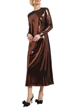 Misook Sheer Inset Long Sleeve Sequin Cocktail Dress in Mahogany at Nordstrom, Size Xx-Small
