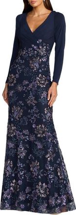 Mac Duggal Floral Embroidered Jersey Long Sleeve Gown in Midnight Multi at Nordstrom, Size 12
