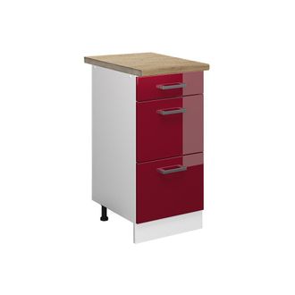 Vicco Mueble Bajo De Cocina R-line, Rojo Burdeos Alto Brillo, 40 Cm Con Cajones, Et Roble Vicco