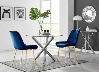 Furniturebox Selina Round Glass Chrome Leg Dining Table & Pesaro Gold Leg Chairs in Navy | Size: 2 Person