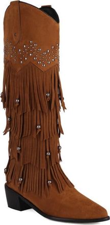 Generic Womens Winter Vintage Knee High Riding Boots with Fringe and Rivets Decor Wide Calf Pull On Casual Party Dress Shoes (Brown,7.5)