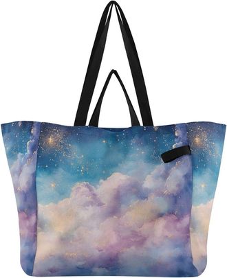 Generic Starry Colorful Cloud print Reusable Canvas Tote Bag, Heavy Duty Grocery Shopping Bag with Double Handles Hard Bottom Large Capacity Work Groceries Tr