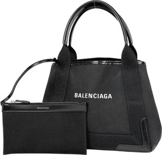 Balenciaga Black Navy Canvas Leather Handbag Pouch Tote Bag (Pre-Owned)