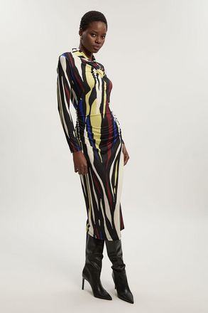 Karen Millen Womens Abstract Zebra Print Ruched Detail High Neck Long Sleeve Crepe Midi Dress - Multicolour - Size X-Small