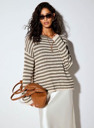 Icone Womens Kakhi stripes ribbon-knit boat-neck sweater