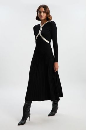 Karen Millen Rib Knit Trim Full Skirt Midi Dress in Mono at Nordstrom, Size X-Small