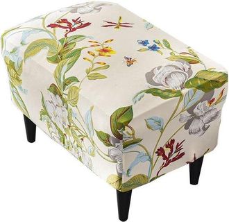OEM Funda Rectangular Para Otomana - Funda El&aacute;stica - 1 Pieza - Poli&eacute;ster Y Elastano - Estampado De Flores Y Hojas